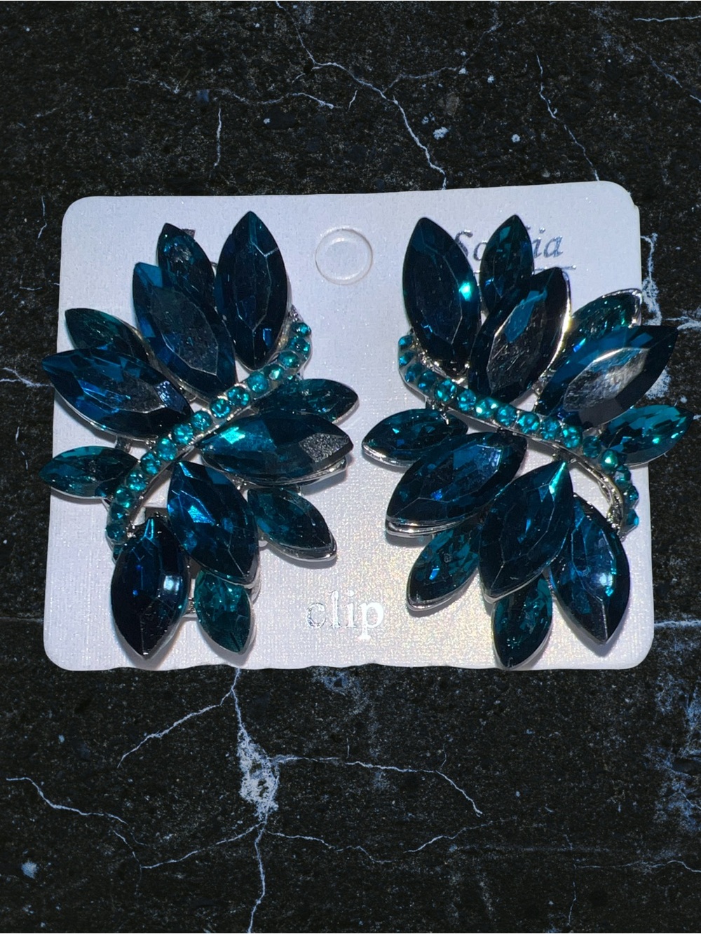 Silver Tone Blue Crystal Maquis Leaf Cluster Clip On Earrings